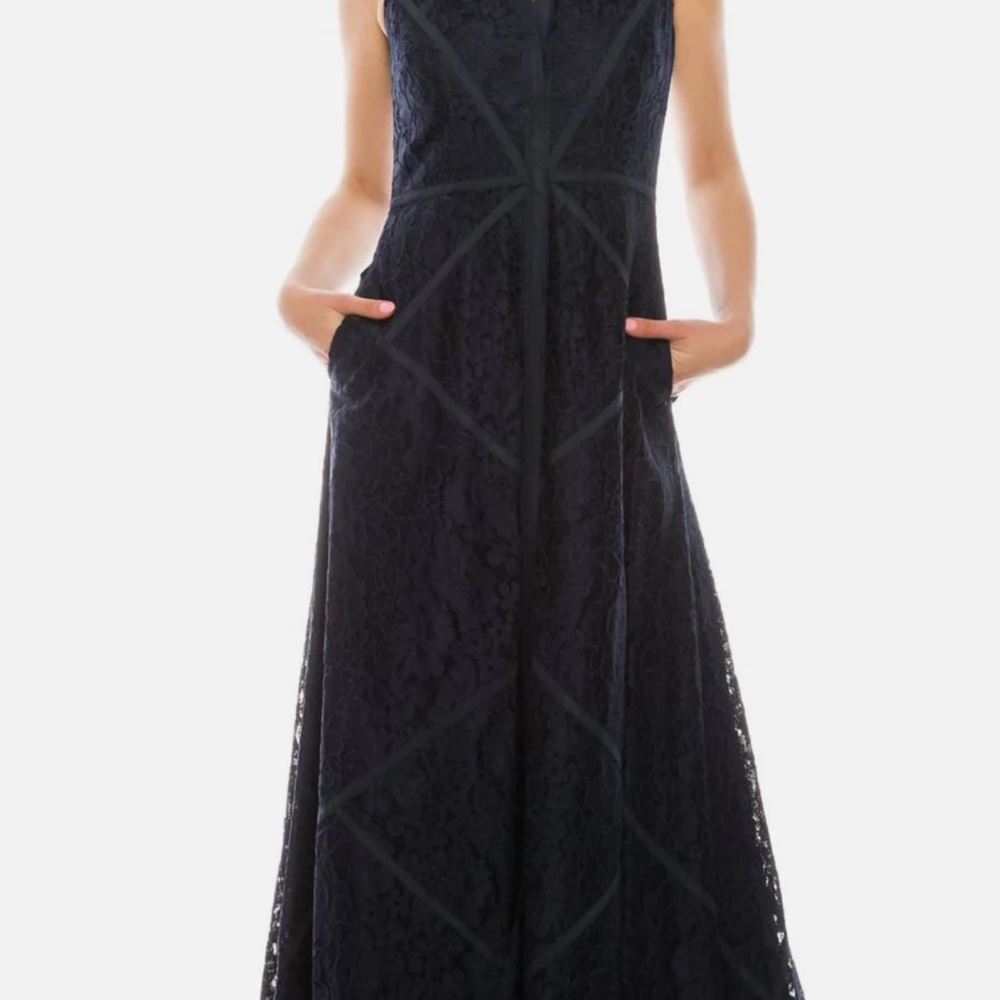 Aidan Mattox sz 4 twilight blue floor length lace gown dress buttons collar $700 - Picture 5 of 16